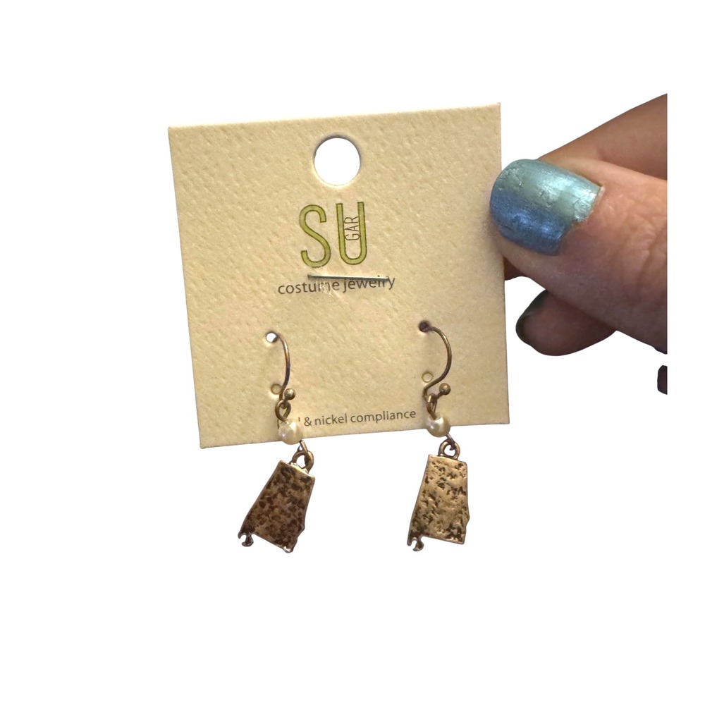 NWT‎ Sugar Costume Jewelry Alabama State Map Hammered Gold Tone Dangle Earrings